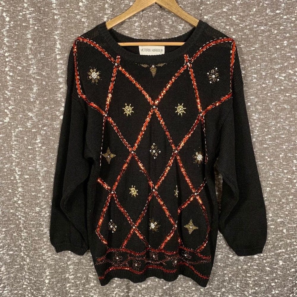 Vintage‎ Victoria Harbour Black Beaded Knit Sweater Holiday Women's Medium